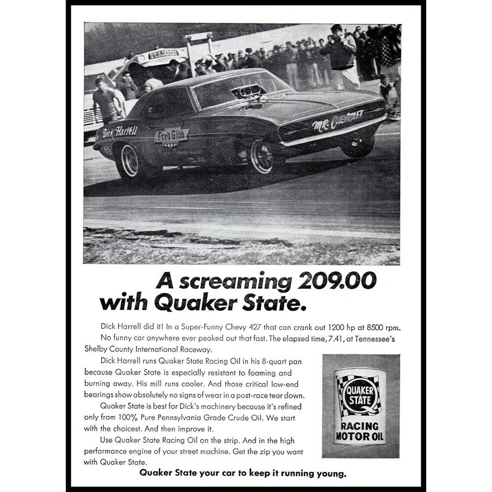 1969 Quaker State Racing Motor Oil Vintage Print Ad Shelby County Raceway Art